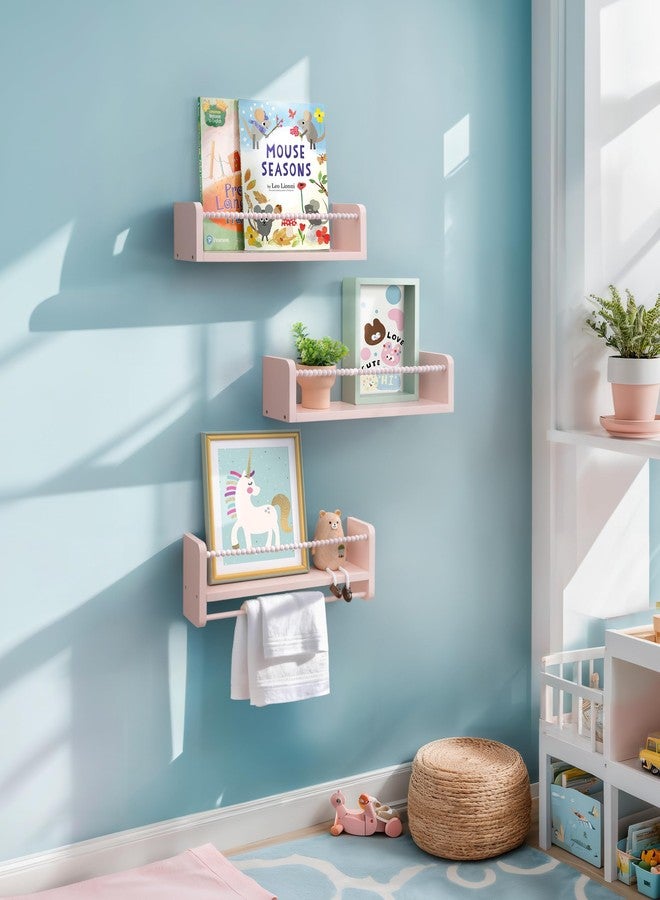 Maxpeuvon Nursery Book Shelves, Set of 3 Kids Bookshelves Natural Wood Wall Mount Organizer with Towel Bar Hanging Nursery Decor for Kids Room, Playroom, Bedroom and Kitchen, Pink - Image 4